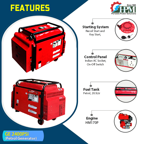 2.1 KVA Portable Petrol Generator, Model Silent GE-2400PSi, Recoil & Self Start